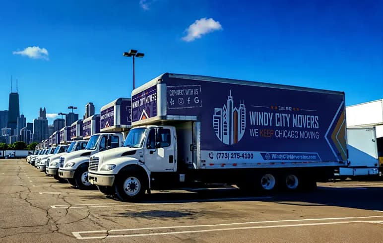 Windy City Movers fleet of trucks lined up on the Chicago lakefront
